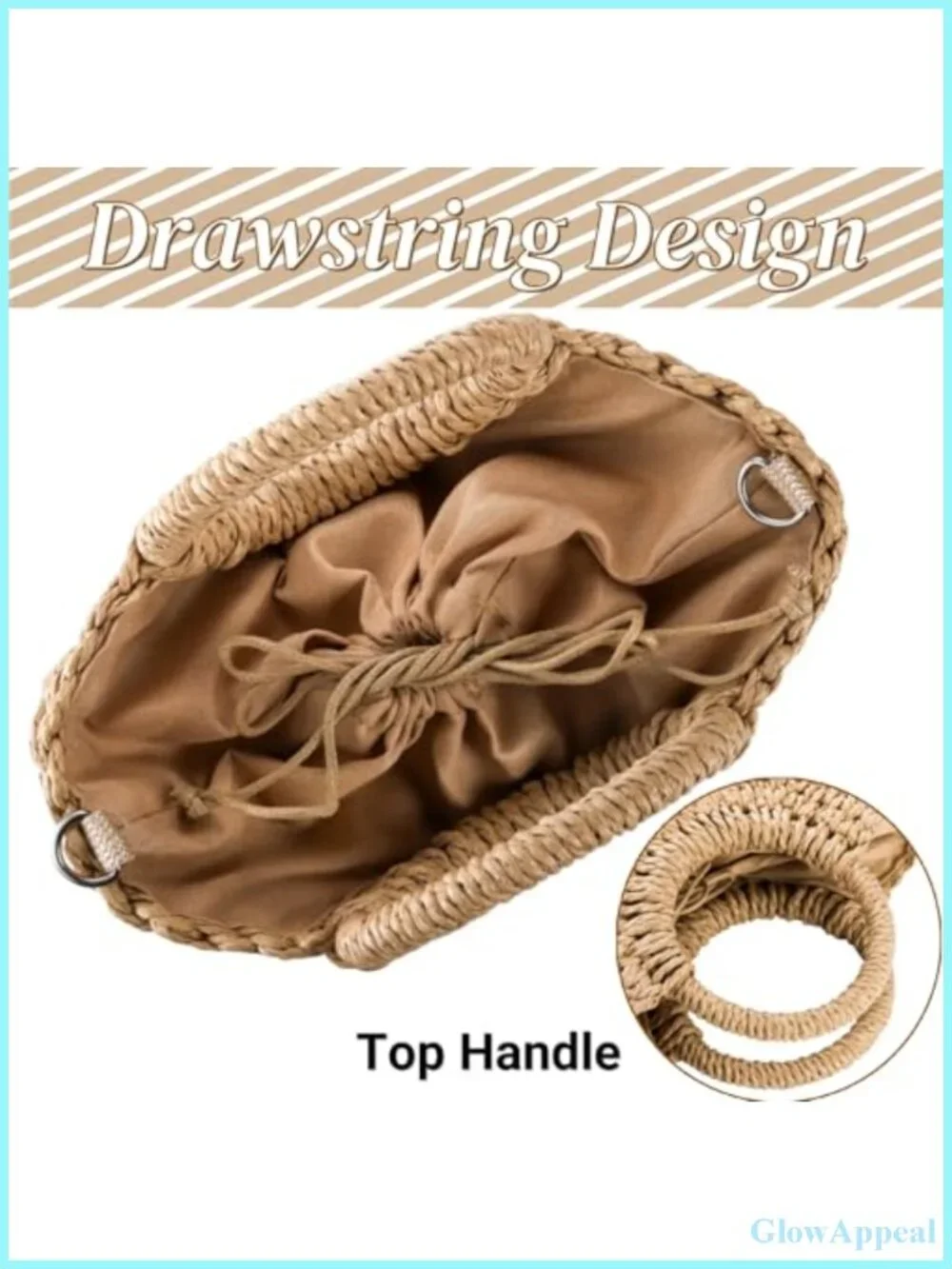 Boho Straw Handbag Semi-Circle Rattan Tote with Drawstring Closure